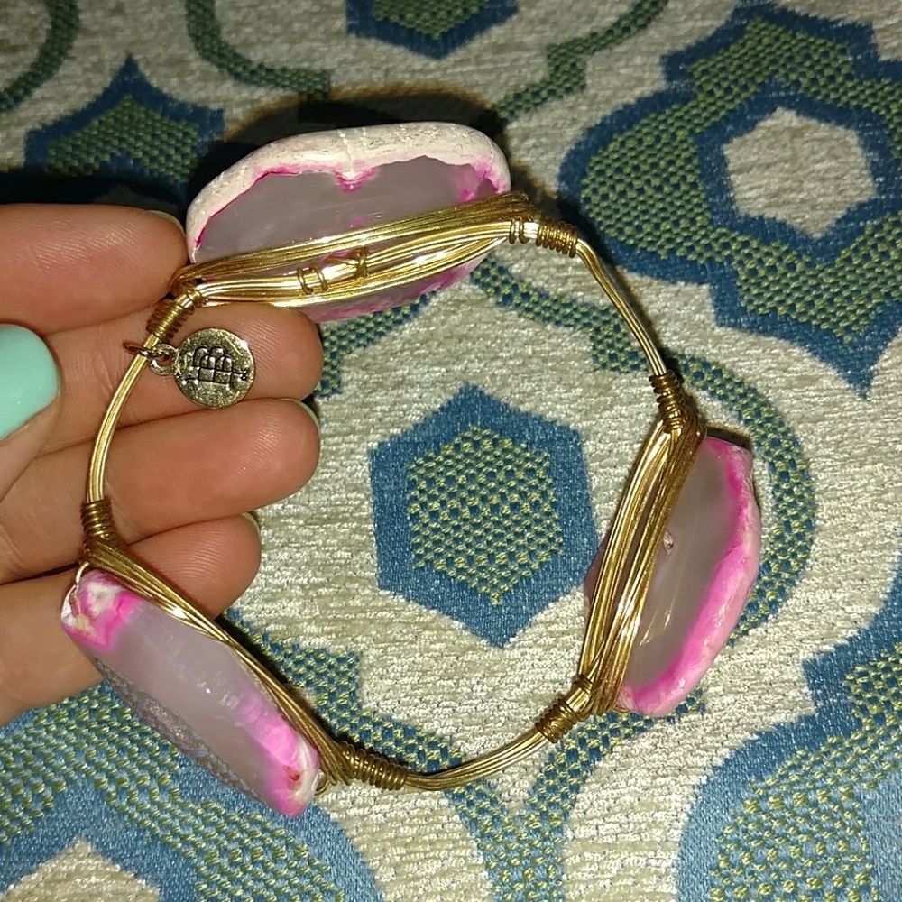 Bourbon and Bowties Gold Wire Bracelet with Pink and White Agate Slices